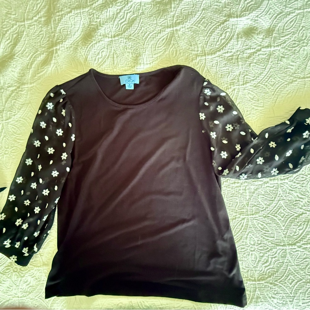 CeCe Black Long Sleeve Top with Sheer Floral Sleeves